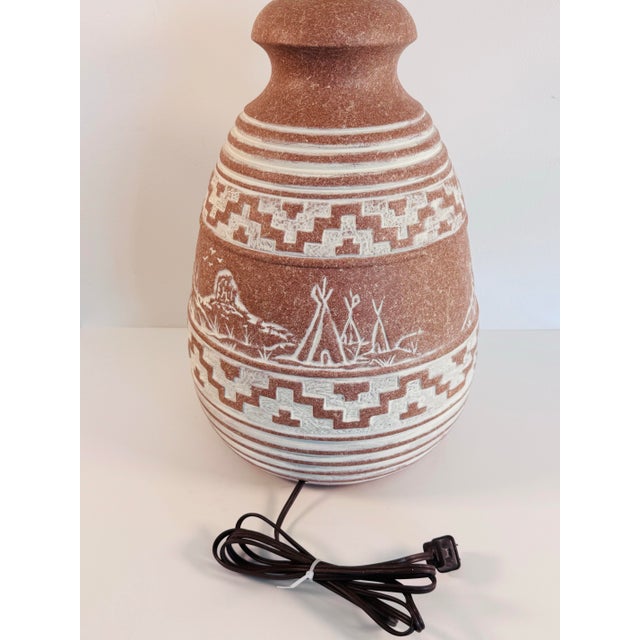 Ceramic Vintage 1980s Southwestern-Style Terracotta Pottery Base W/ Teepee & Mountains Table Lamp For Sale - Image 7 of 10