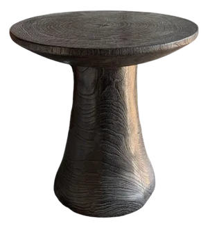 Round Side Table Crafted From Teak Wood, Burnt Finish, Modern Organic