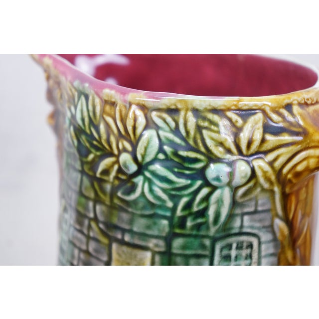 Antique Onnaing Majolica 714 Castle Courtyard Tavern Green Man Jug Pitcher 9" For Sale - Image 12 of 17