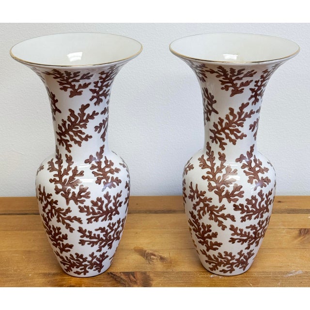 Traditional Vintage Porcelain Urns With Coral Motif, a Pair For Sale - Image 3 of 11