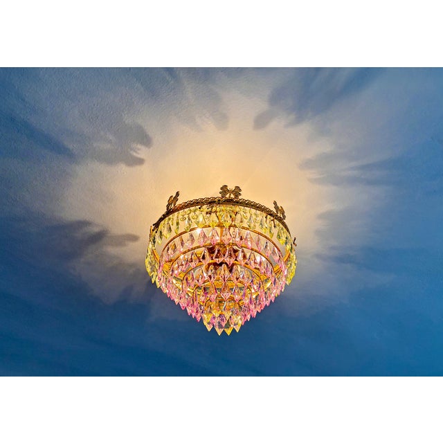 1970s Vintage Brass Butterfly Motif Flush Mount Chandelier With Pink & Green Crystals – 6 Light For Sale - Image 13 of 14