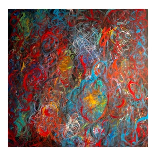 Reds in the Blues — Abstract Expressionist Painting, Acrylics on Canvas, 48 × 48 In For Sale