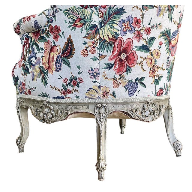 Late 19th Century Late 19th Century Finely Carved Louis XV Style Wing Chairs in Floral Linen - a Pair For Sale - Image 5 of 11