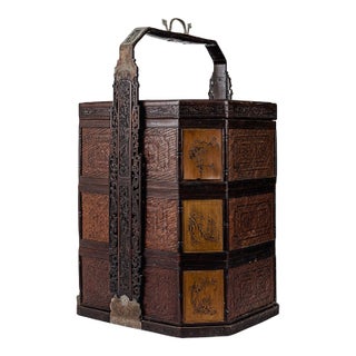 Antique 3 Three Tiered Wood & Bamboo Rattan Chinese Wedding Basket For Sale