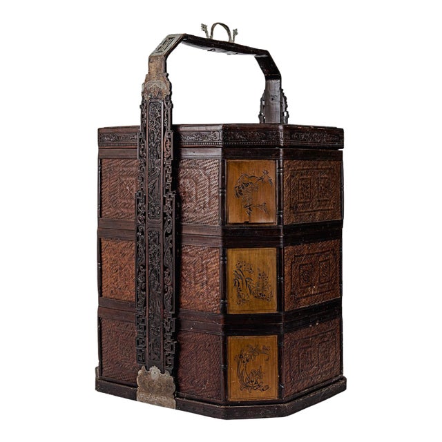 Antique 3 Three Tiered Wood & Bamboo Rattan Chinese Wedding Basket For Sale