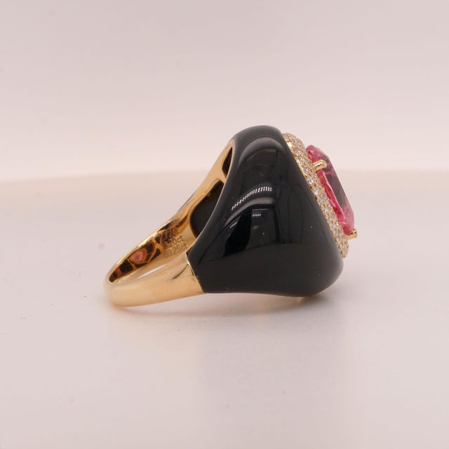 Pink 2.72ct Pear Tourmaline, Diamond and Onyx in 14ct Yellow Gold - Fei Liu, Size 7.5 For Sale - Image 8 of 11
