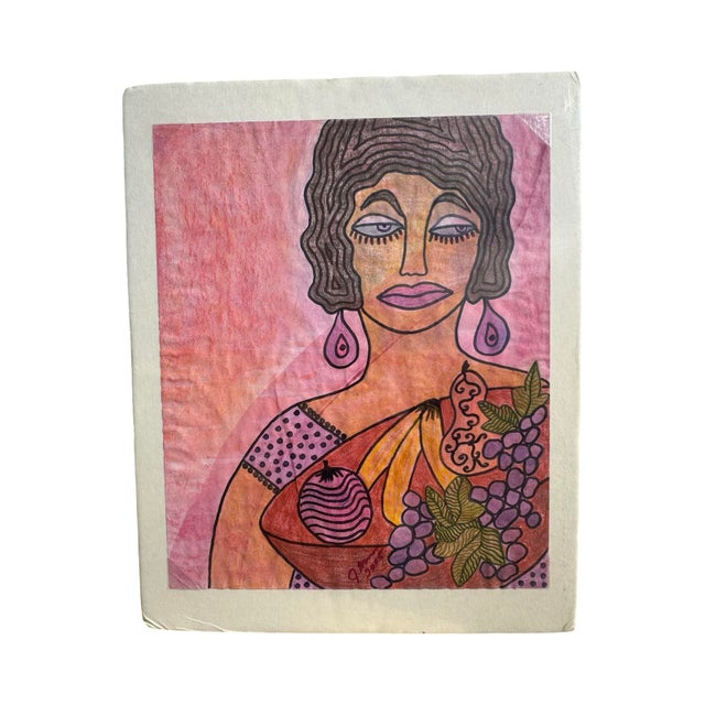 Original oil plaster and mixed media painting of a lady and a bowl of fruit. Contemporary Expressionistic painting depicts...