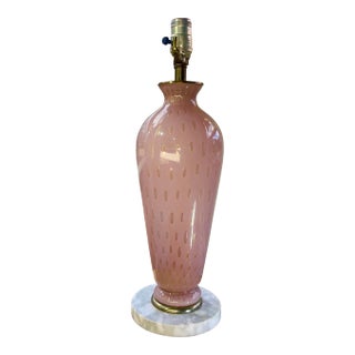 Mid-Century Murano Attributed Glass Table Lamp, Pink With Gold Aventurine Foliate Detail and Marble Base For Sale