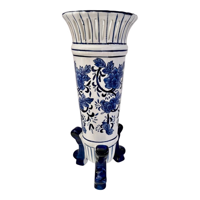 Chinoiserie Footed Porcelain Vase Cobalt Blue White Floral Reticulated Rim 14"h Pair Available For Sale