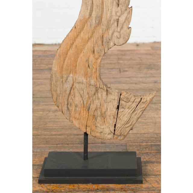 Tan Thai Hand-Carved Wood Temple Dragon Sculpture Mounted on Metal Base For Sale - Image 8 of 13