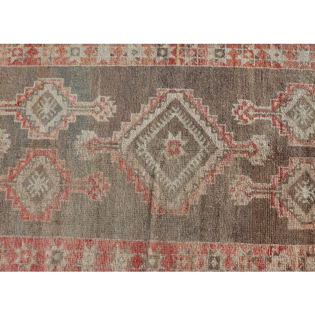 Early 21st Century Turkish Oushak Runner With Coral Red and Taupe Geometric Medallion Design For Sale - Image 5 of 12