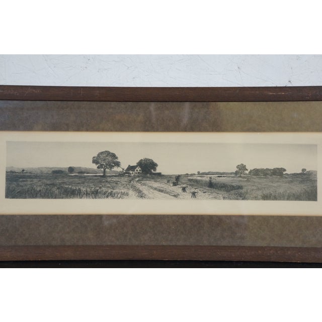 Antique Country Farmhouse Hay Field Harvesting Crops Landscape Etching 25" For Sale - Image 6 of 8