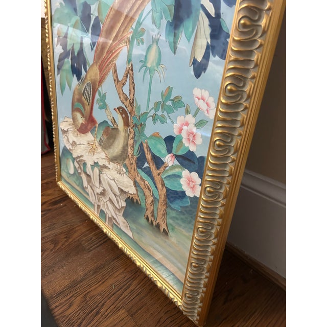 1990s Chinoiserie Oil on Silk Painting of Birds With Lotus Blooms by Chelsea - a Pair For Sale - Image 14 of 18