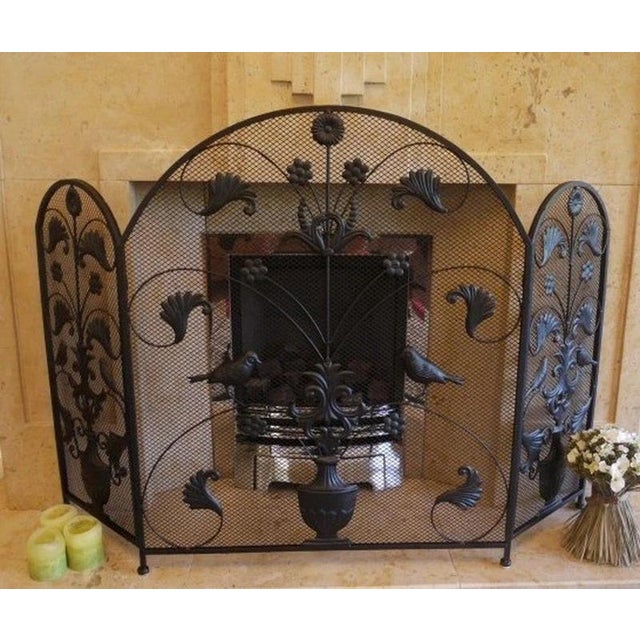 Metal Three-Panel Fireplace Screen with Bird and Floral Motifs For Sale - Image 3 of 5