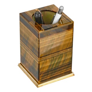 Italian Tiger's Eye and Gilt 800 Silver Desk Pen Holder by Mazzetti Milano, 1950 For Sale