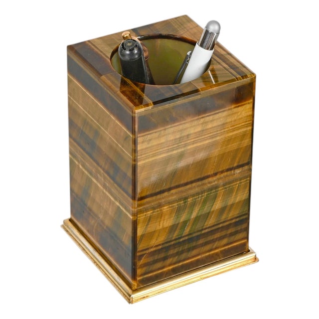 Italian Tiger's Eye and Gilt 800 Silver Desk Pen Holder by Mazzetti Milano, 1950 For Sale