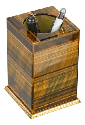 Italian Tiger's Eye and Gilt 800 Silver Desk Pen Holder by Mazzetti Milano, 1950