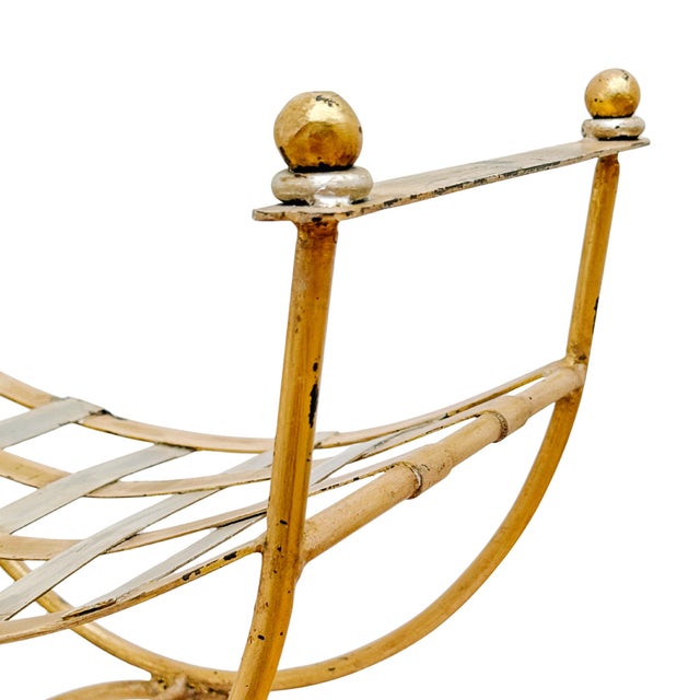 Metal Early 20th Century Italian Hollywood Regency Gilded Wrought Iron Curule or Savonarola Vanity Stool For Sale - Image 7 of 8