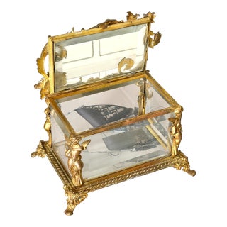 Vintage or Antique French or French Style Jewelry Casket Box With Brass/Bronze Cherub Mount 5.5"x 3.75"x3 5/8" For Sale