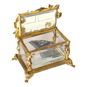 Vintage or Antique French or French Style Jewelry Casket Box With Brass/Bronze Cherub Mount 5.5"x 3.75"x3 5/8"