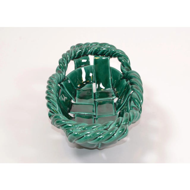 Vallauris France Glazed Woven Ceramic Basket Emerald Green Mid-Century Modern For Sale In Miami - Image 6 of 12