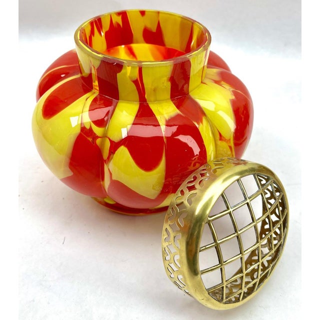 Gold Pique Fleurs Vase in Red and Yellow Color Decor with Grille, 1930s For Sale - Image 8 of 14