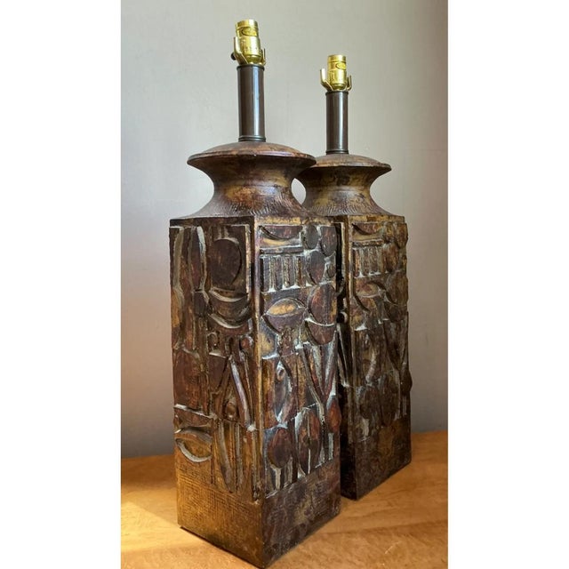 Mid-Century Modern Vintage Abstract Carved Ceramic Lamps - A Pair For Sale - Image 3 of 13