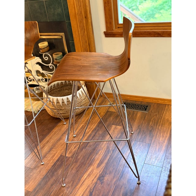 Pair of Vintage "Eiffel Tower" Chrome and Bent Wood Bar Stools For Sale - Image 9 of 11