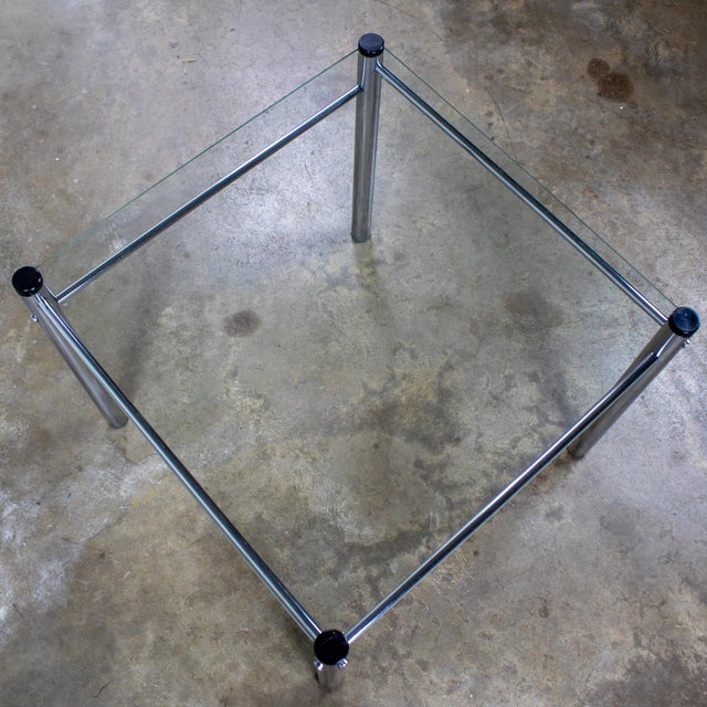 Metal 1970’s Modern Square End or Side Table by James David Cylindrical Chrome Tube Frame & Glass Top For Sale - Image 7 of 18
