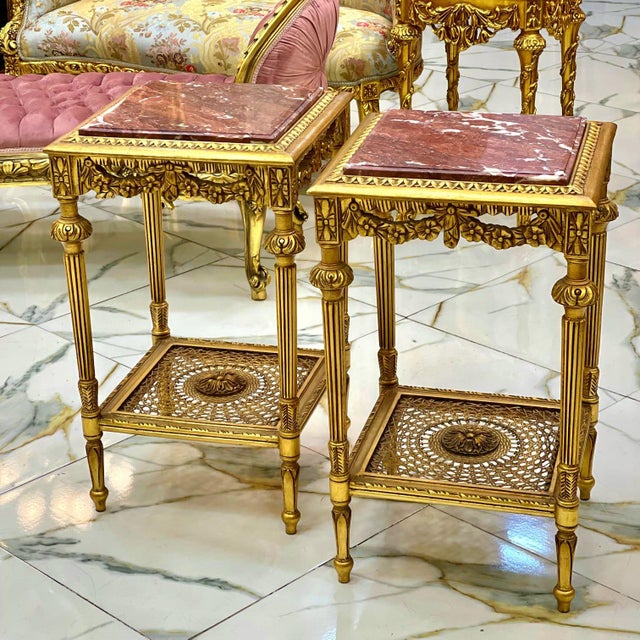 1990s French Style Marble Topped Side Table Set – Gold Accents, Elegant Design For Sale In Miami - Image 6 of 8