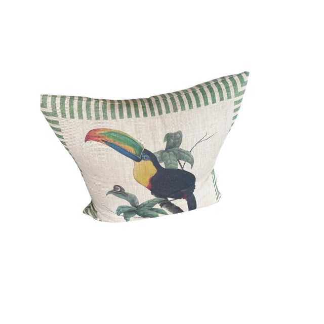 Vintage Linen Toucan & Snail Cushion With Striped Border For Sale - Image 4 of 12