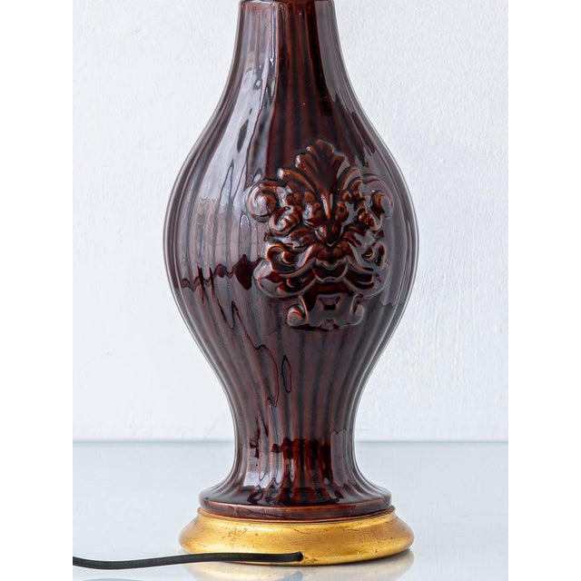 Manises Chocolate Brown Glazed Table Lamp, Spain, 1960s For Sale - Image 4 of 14