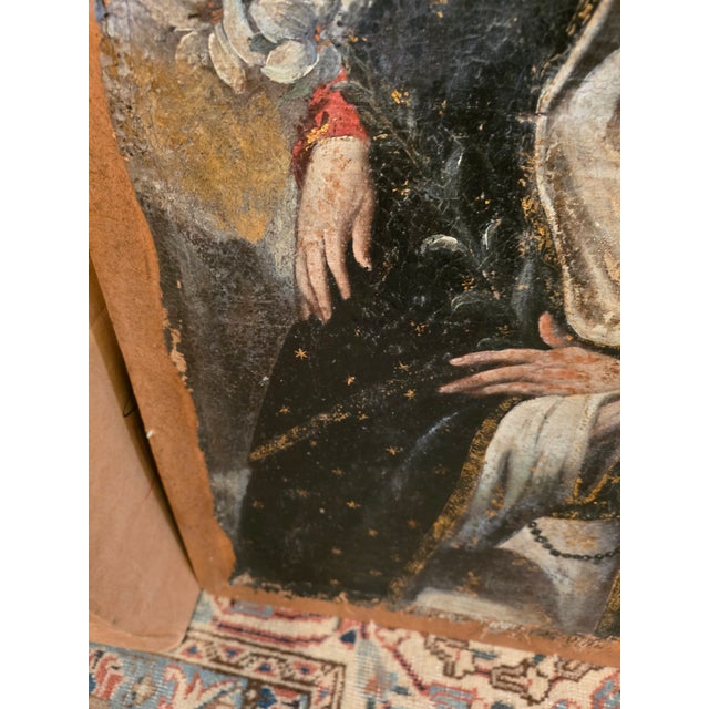 18th Century Antique Spanish Colonial Painting on Canvas Under Glass For Sale - Image 5 of 12