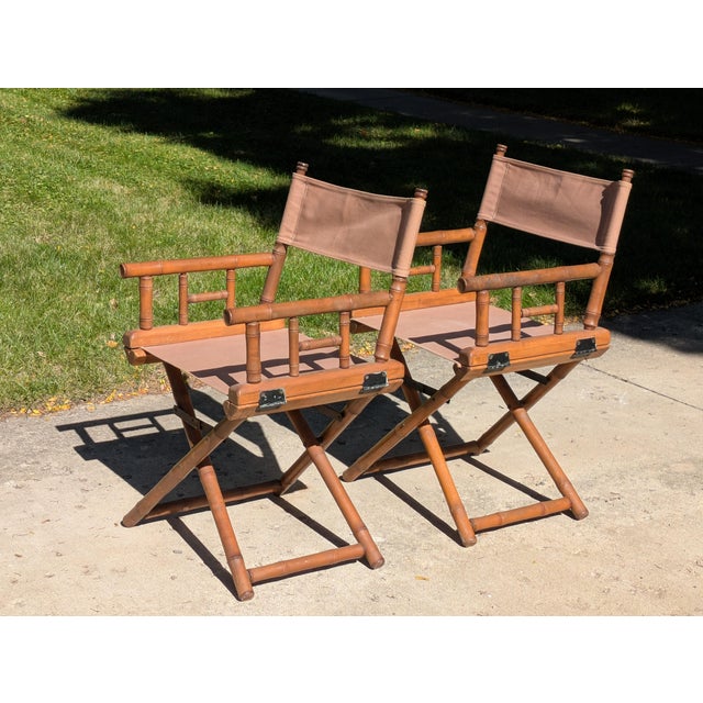 Brown Pair of Vintage Faux Bamboo X Frame Folding Safari Chairs For Sale - Image 8 of 11