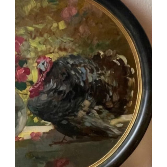 Realism Still Life With Turkey and Flowering Plants, German School, Oil on Wooden Panel, Mid 19th Century. For Sale - Image 3 of 6