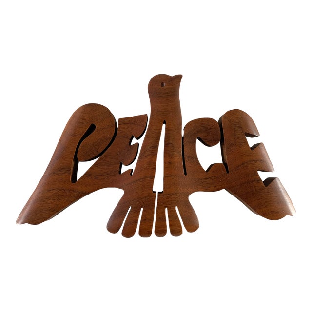 Vintage American Walnut Boho Hippie Peace Plaque For Sale