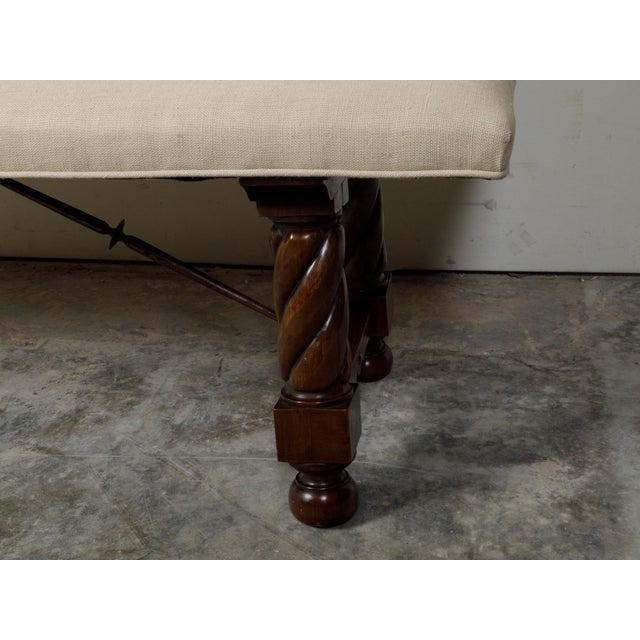 Wood Italian 19th Century Walnut Upholstered Bench with Twisted Base, Iron Stretcher For Sale - Image 7 of 8