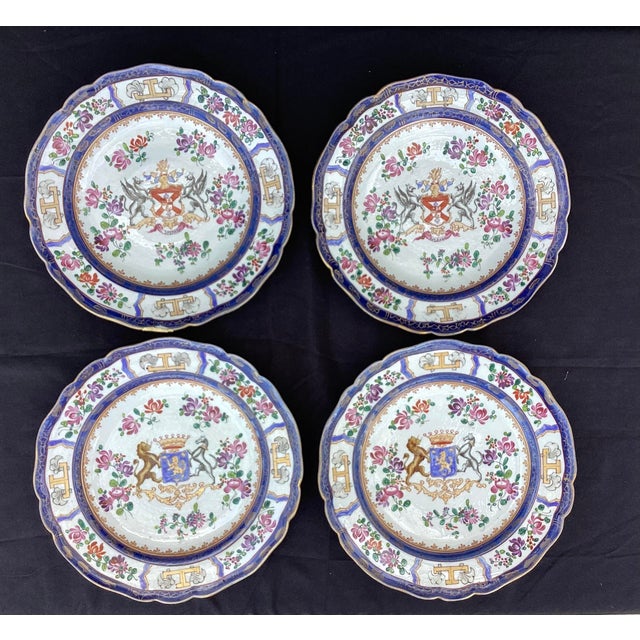 Blue French Samson Chinese Export Style Armorial Porcelain Plates Set of Four For Sale - Image 8 of 10