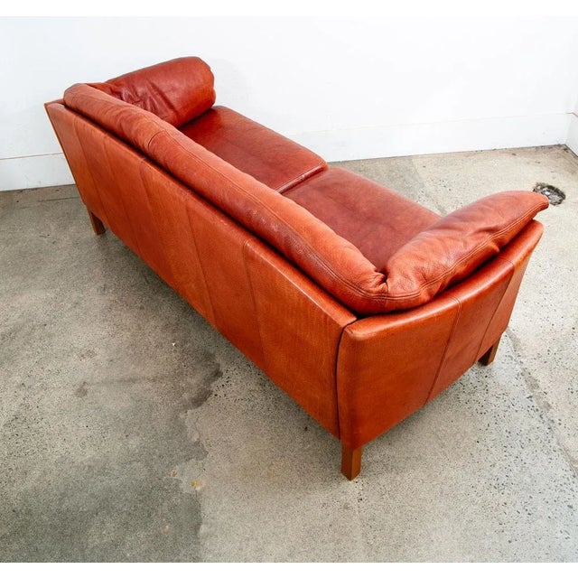 Mid 20th Century Danish Modern Sofa Couch Rust Red Leather 3 Seat Denmark MCM For Sale - Image 4 of 11