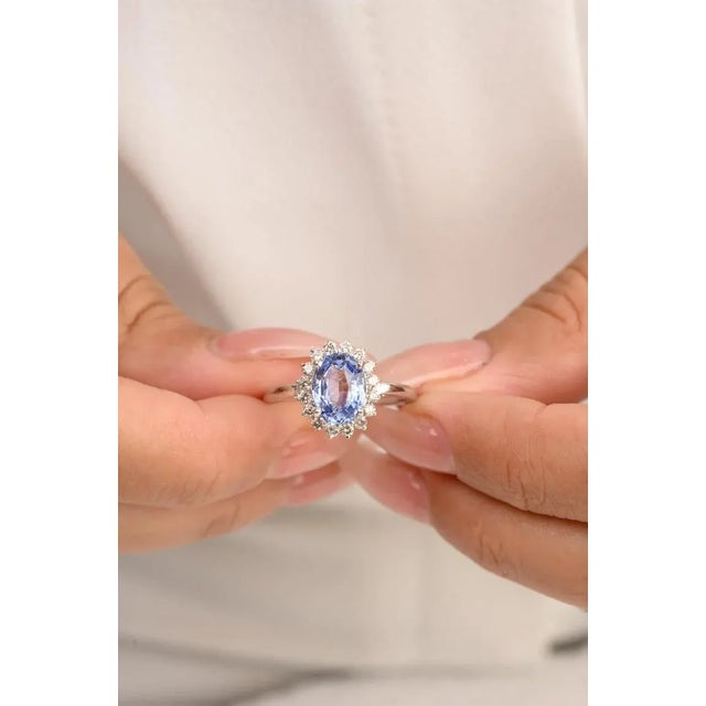 Oval Cut Royal Sapphire Diamond Halo Ring Size 7 in 14k Solid White Gold For Sale In New York - Image 6 of 13