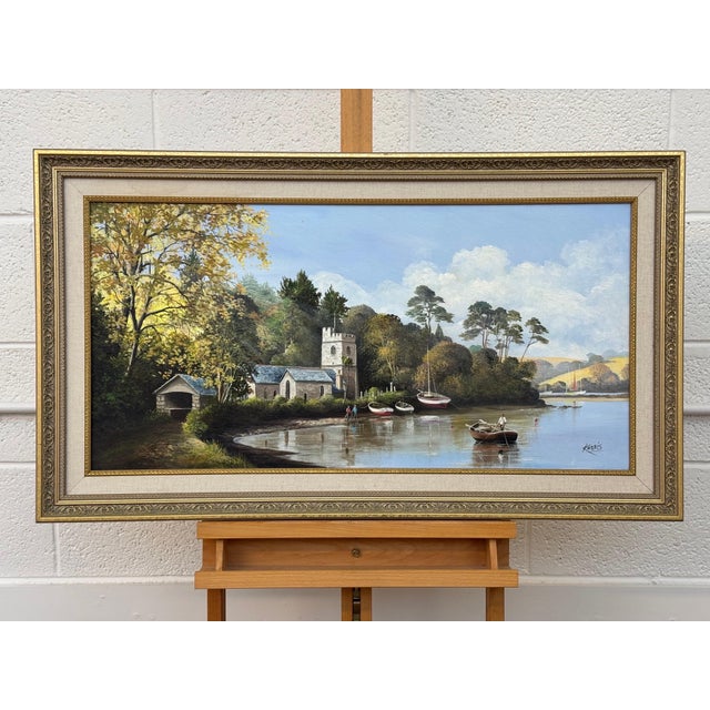 Painting of Church in Cornwall on the English South Coast with Figures & Boats 1985 Circa For Sale - Image 10 of 16