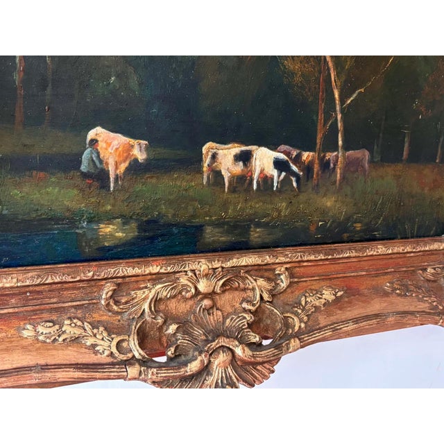 Cows at Sunset Pastoral Landscape, Oil Painting on Wood Panel, Framed For Sale - Image 4 of 9
