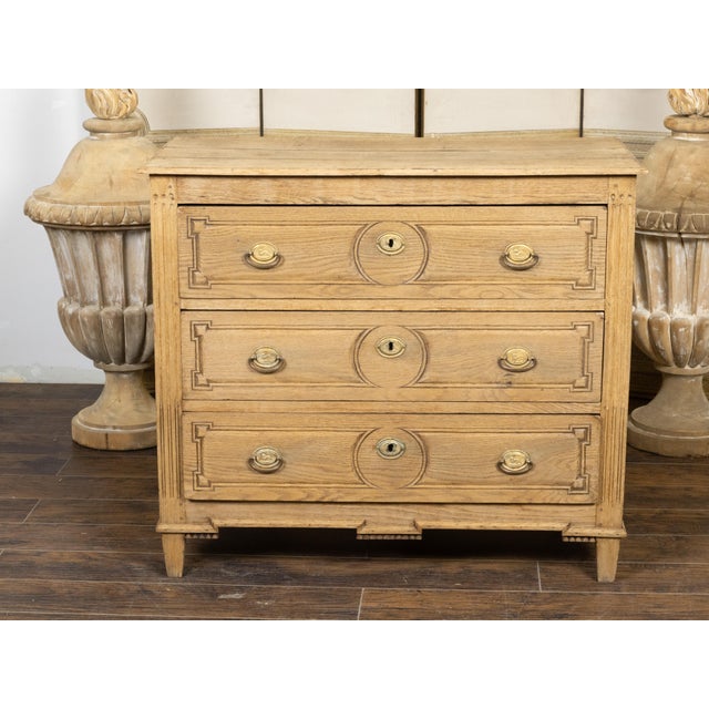 19th Century 19th Century French Louis XVI Style Bleached Oak Three-Drawer Chest with Carved Panels For Sale - Image 5 of 12