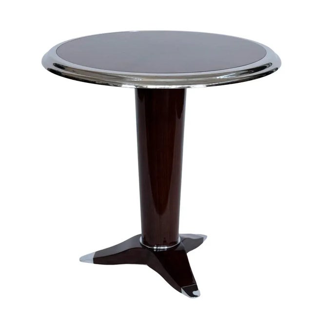 Art Deco Style Round Side Table in Lacquered Mahogany and Chrome, 1990s For Sale - Image 6 of 8