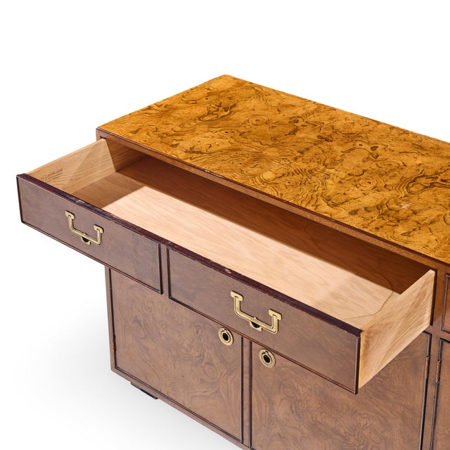 John Widdicomb Mid Century Burlwood and Brass Campaign Credenza For Sale In Chicago - Image 6 of 10
