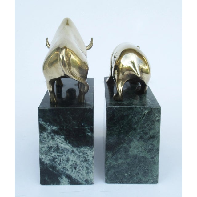 Vintage C.1970's Solid Brass Bear & Bull Wallstreet Bookends Mounted on Green Veined Marble Bases For Sale - Image 12 of 13