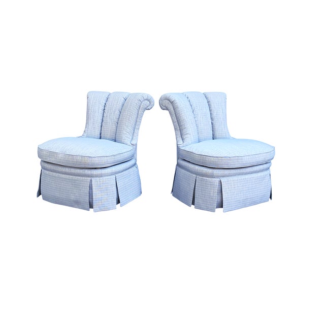 1980s Vintage Century Furniture Channel Back Newly Upholstered Blue Scalamandre Fabric Slipper Chairs - A Pair For Sale - Image 5 of 7