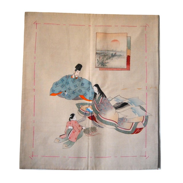 1930s Japanese Tea Ceremony Mat With Heian Family, Chirimen Fukusa