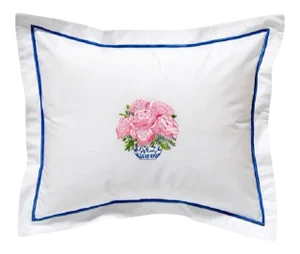Embroidered Pink Pot of Peonies Boudoir Pillow Cover
