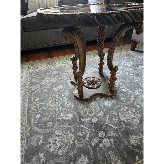Vintage Hollywood Regency MCM Brass-Gilded Eglomise Glass Top Accent Table For Sale - Image 4 of 6
